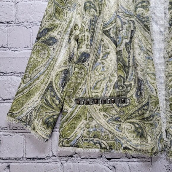 Chico's Embellished Heritage Tweed Jacket Green Frayed Trim Accent Size ? - Picture 6 of 14